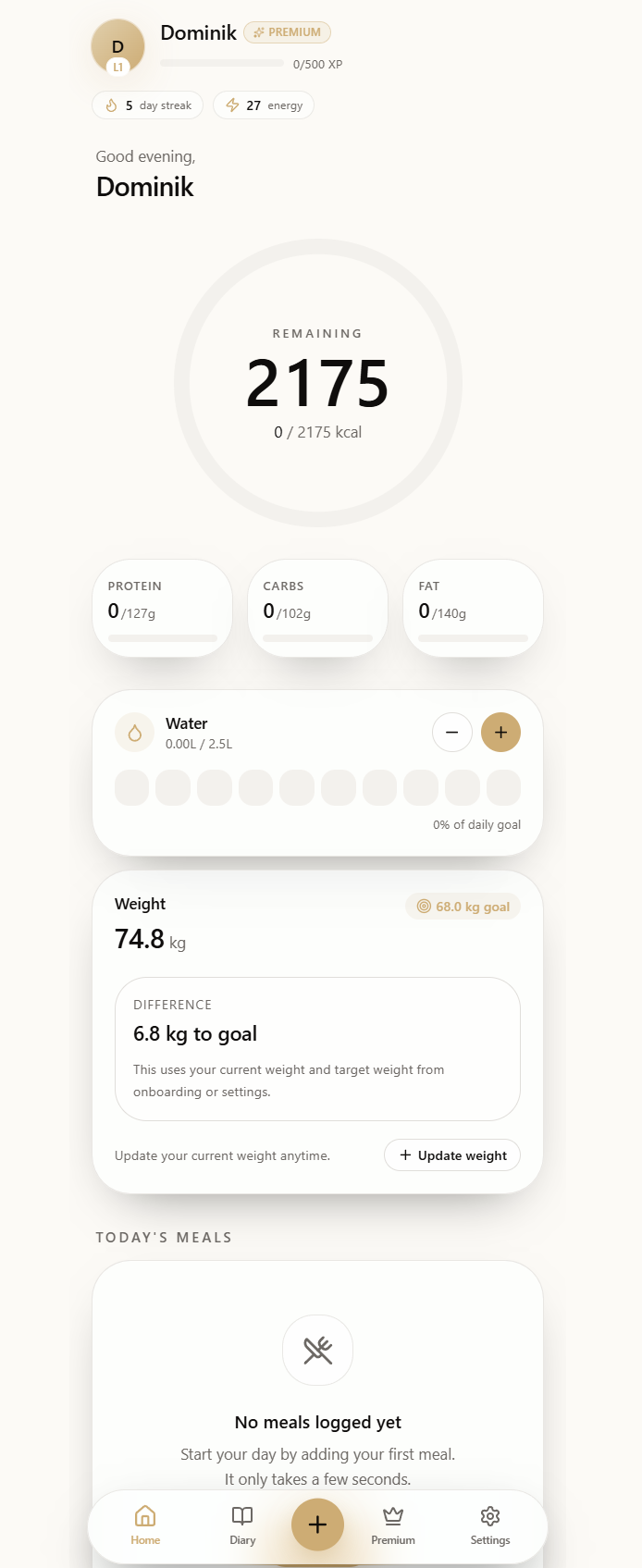 Slimfio home screen with calorie, macro, water and weight tracking